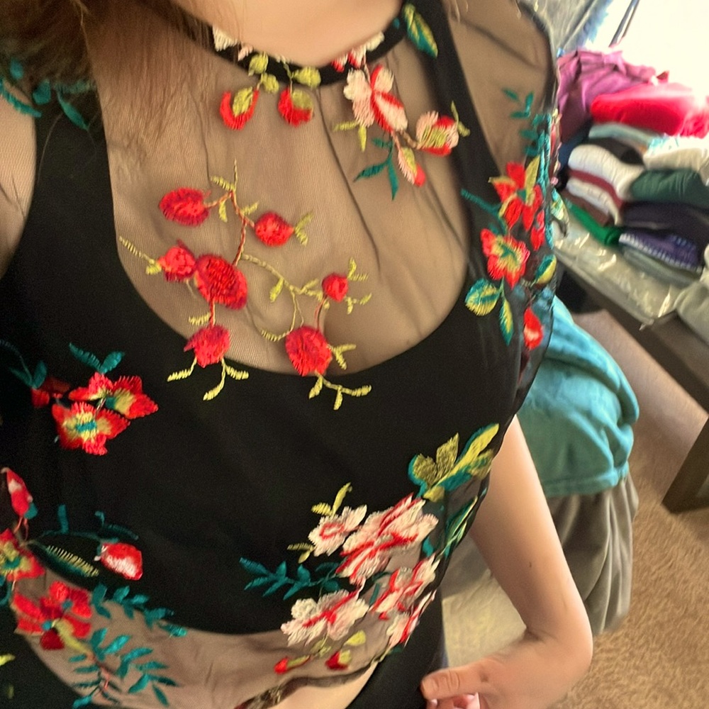See-Through Nylon Floral Black Crop-Top Shirt